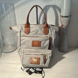 Frye Ivy Tote & Cosmetic Pouch Grey Nylon with Leather Trim EUC